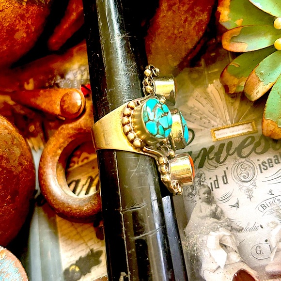 Sundance Vintage Turquoise Coral Scroll Statement Southwest Sterling Silver Ring - Picture 2 of 10